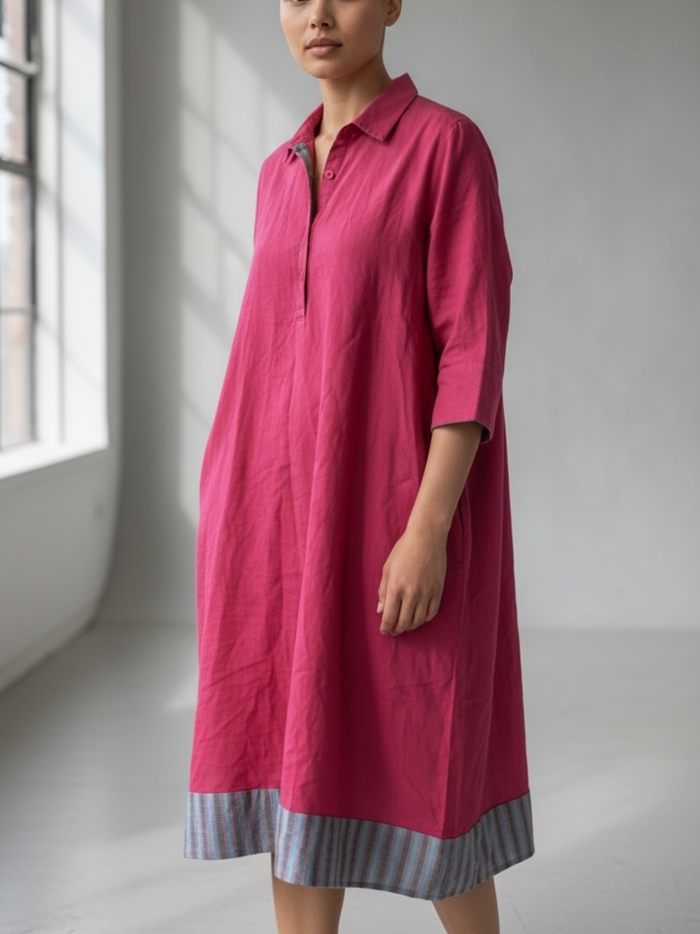 Relaxed Polo Midi Dress in Fuchsia with Striped Hem